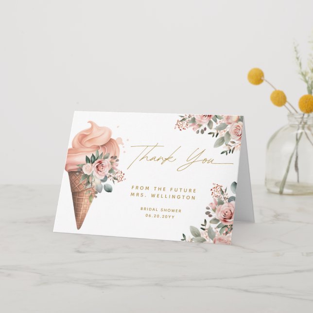 Scooped Up Ice Cream Floral Pink Bridal Shower Thank You Card (Front)