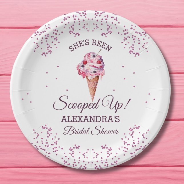 Scooped Up Pink Glitter Ice Cream Bridal Shower Paper Plate (Creator Uploaded)