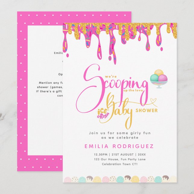 Scooping Up Love Ice cream Baby Girl Shower Invitation (Front/Back)