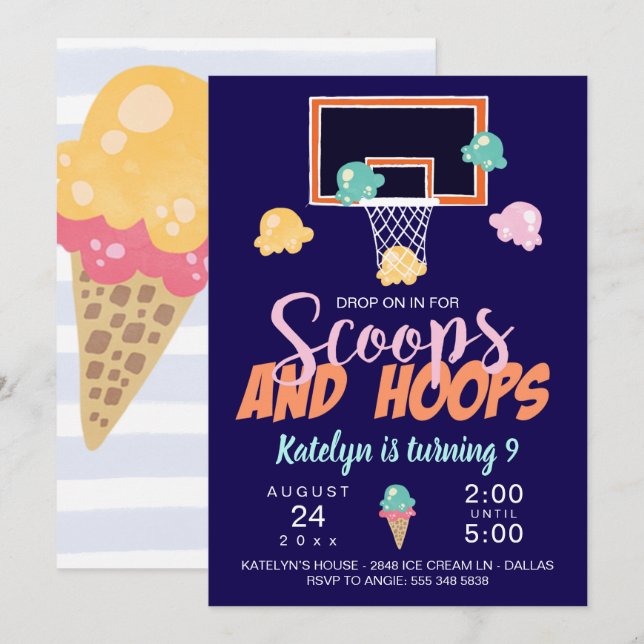 Scoops and Hoops Girl Basketball Invitation (Front/Back)