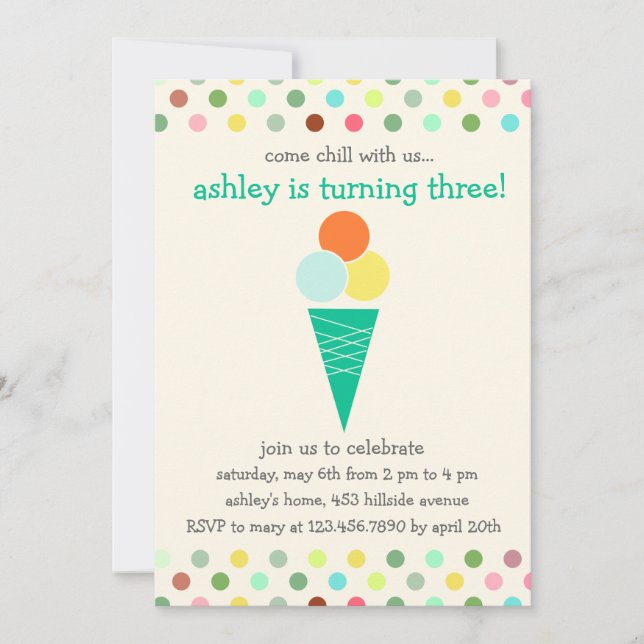 Scoops and polka dots birthday party invitation (Front)