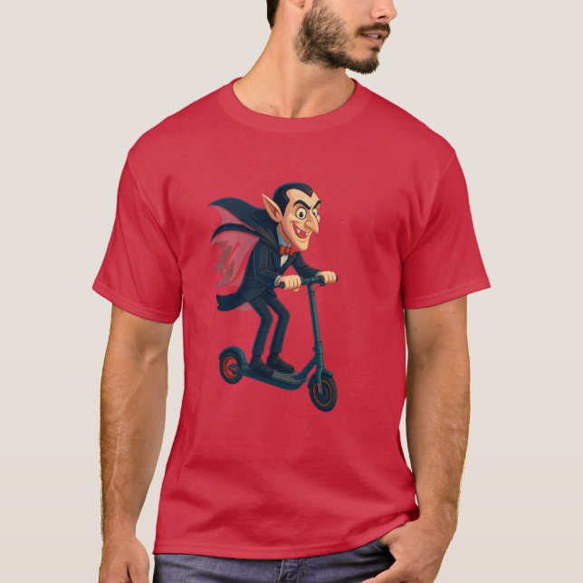 Scooter Dracula Funny toon Vampire on Electric Rid T-Shirt (Front)