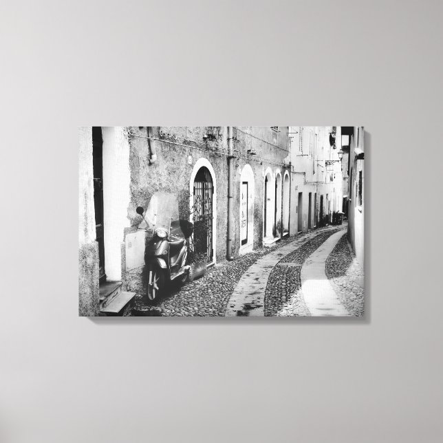 Scooter in a street in Italy in black and white Canvas Print (Front)