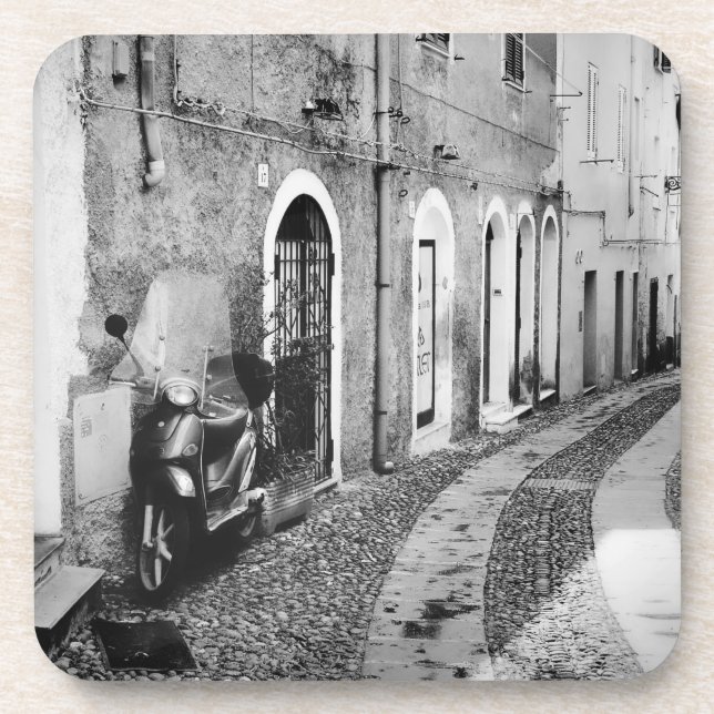 Scooter in a street in Italy in black and white Coaster (Front)