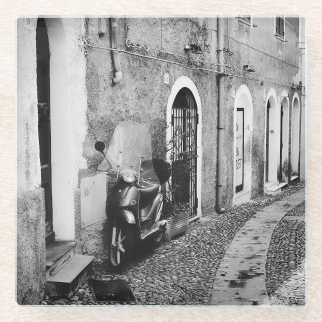 Scooter in a street in Italy in black and white Glass Coaster (Front)