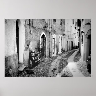 Scooter in a street in Italy in black and white Poster
