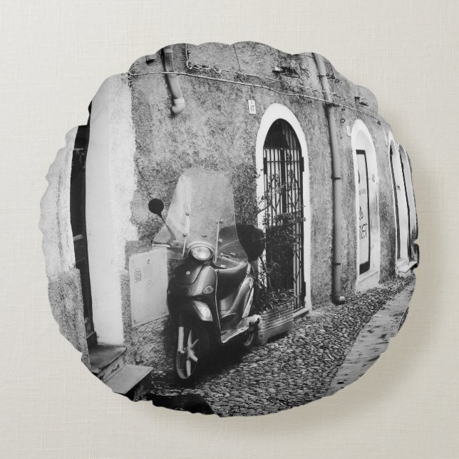 Scooter in a street in Italy in black and white Round Cushion (Front)