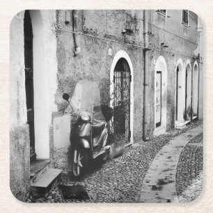 Scooter in a street in Italy in black and white Square Paper Coaster