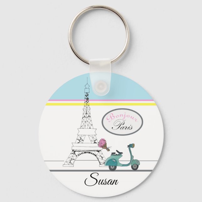 Scooter riding past the Eiffel Tower Paris France Key Ring (Front)