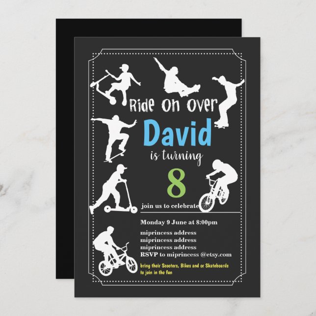Scooters, Bikes and or Skateboards, ride on over Invitation (Front/Back)