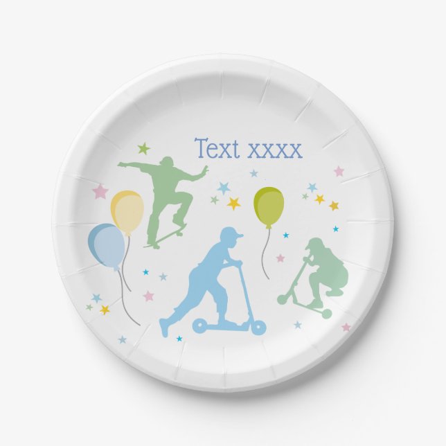 Scooters, Bikes, Skateboards, ride on over Paper Plate (Front)
