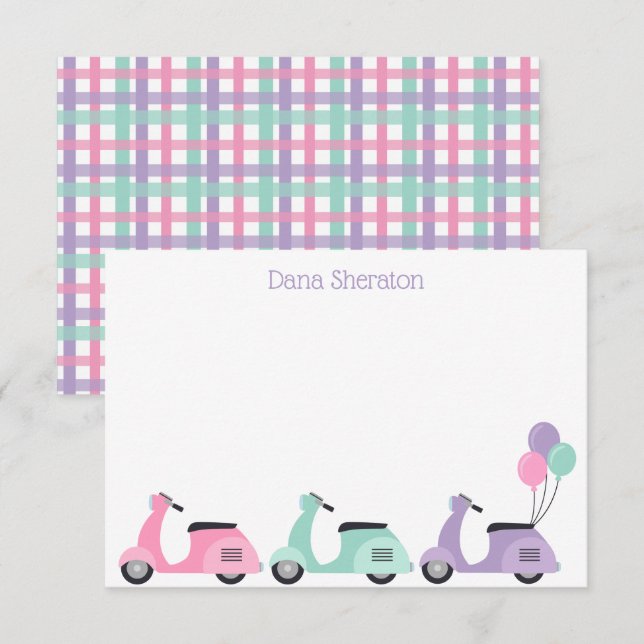 Scooters & Plaid Personalised Flat Note Cards (Front/Back)