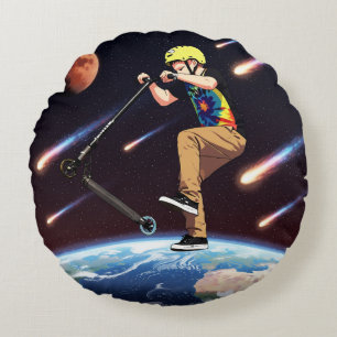Scooting For The Stars - Scooter Rider In Space Round Cushion