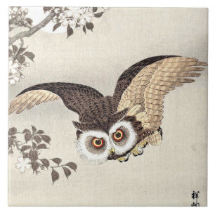 Scops Owl, Cherry Blossoms & Moon Japanese Tile