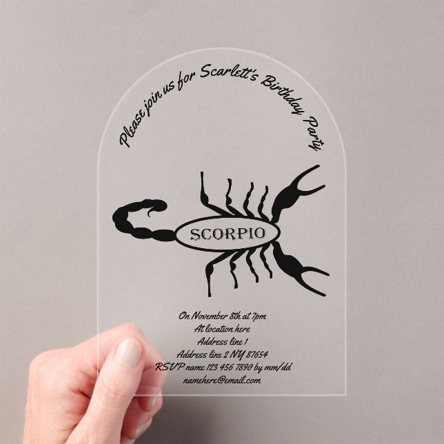 Scorpio Black Scorpion Star Sign Birthday Party Acrylic Invitations (Insitu (Handheld))