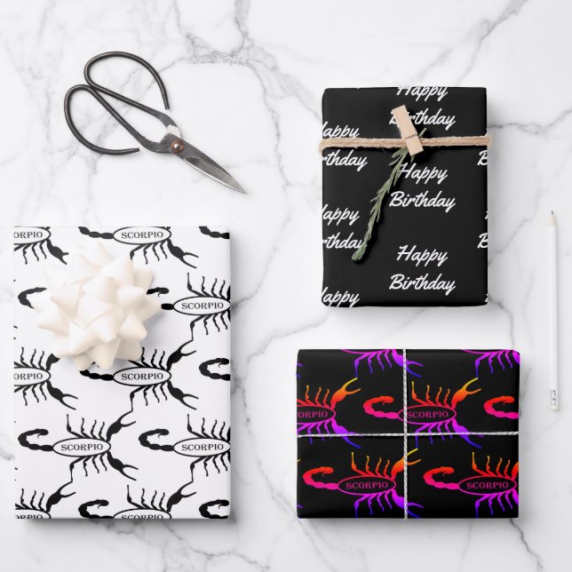 Scorpio Black Scorpion Star Sign Custom Birthday Wrapping Paper Sheet (Front)