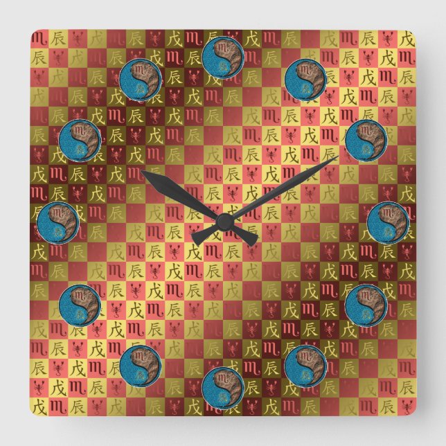 Scorpio & Earth Dragon Square Wall Clock (Front)