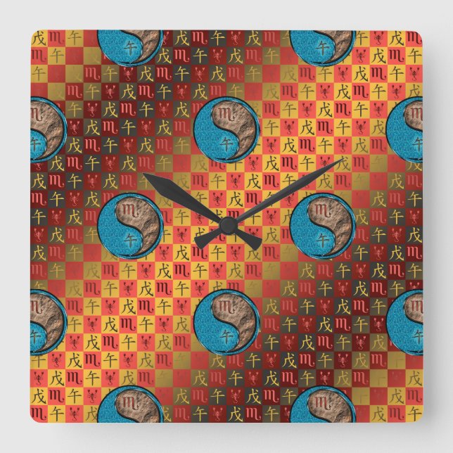 Scorpio & Earth Horse Square Wall Clock (Front)