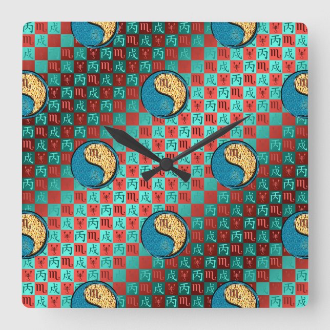 Scorpio & Fire Dog Square Wall Clock (Front)