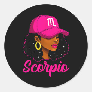 Scorpio Girl Pink Cap Zodiac Birthday Afro Women G Classic Round Sticker
