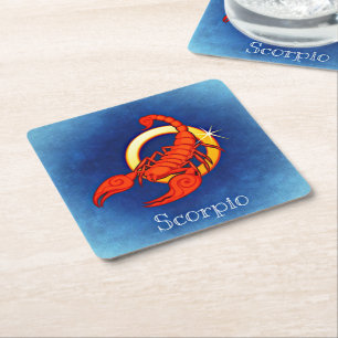 Scorpio in Blue Square Paper Coaster