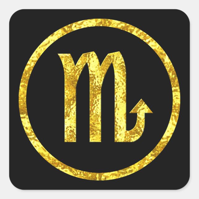 Scorpio Sign Gold Black Circle Hammered Gold Look Square Sticker (Front)