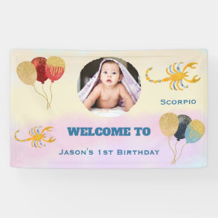 Scorpio Watercolor 1st Birthday, 1 Photo & Balloon Banner