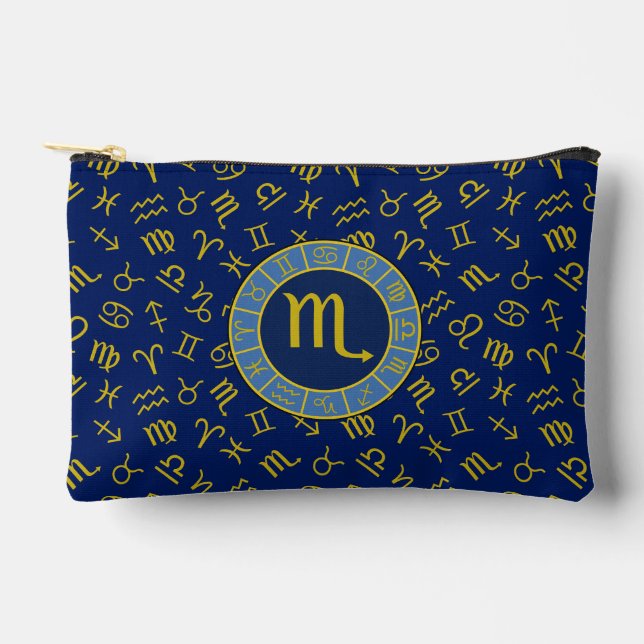 Scorpio Zodiac+Astrology Symbols Pattern Gld+Blues Accessory Pouch (Front)