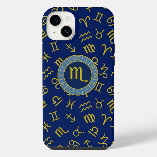 Scorpio Zodiac+Astrology Symbols Pattern Gld+Blues iPhone Case (Back)