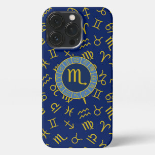 Scorpio Zodiac+Astrology Symbols Pattern Gld+Blues iPhone 13 Pro Case