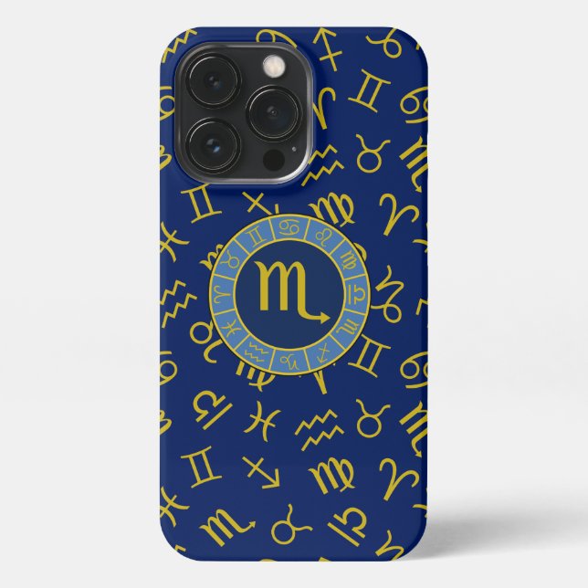 Scorpio Zodiac+Astrology Symbols Pattern Gld+Blues iPhone Case (Back)