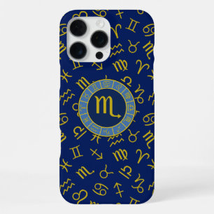 Scorpio Zodiac+Astrology Symbols Pattern Gld+Blues iPhone 16 Pro Max Case