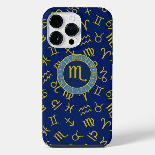 Scorpio Zodiac+Astrology Symbols Pattern Gld+Blues iPhone 14 Pro Max Case