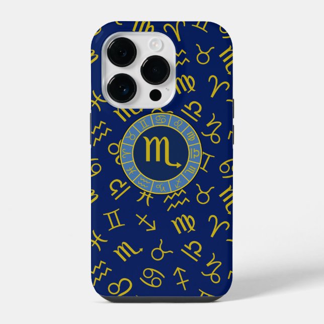 Scorpio Zodiac+Astrology Symbols Pattern Gld+Blues iPhone Case (Back)