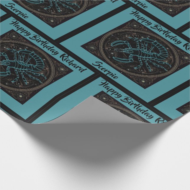 Scorpio Zodiac Birthday Add Name Teal & Black Wrapping Paper (Corner)