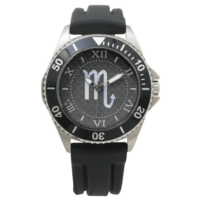 Scorpio Zodiac Chrome Like Symbol Black Snake Dial Watch (Front)