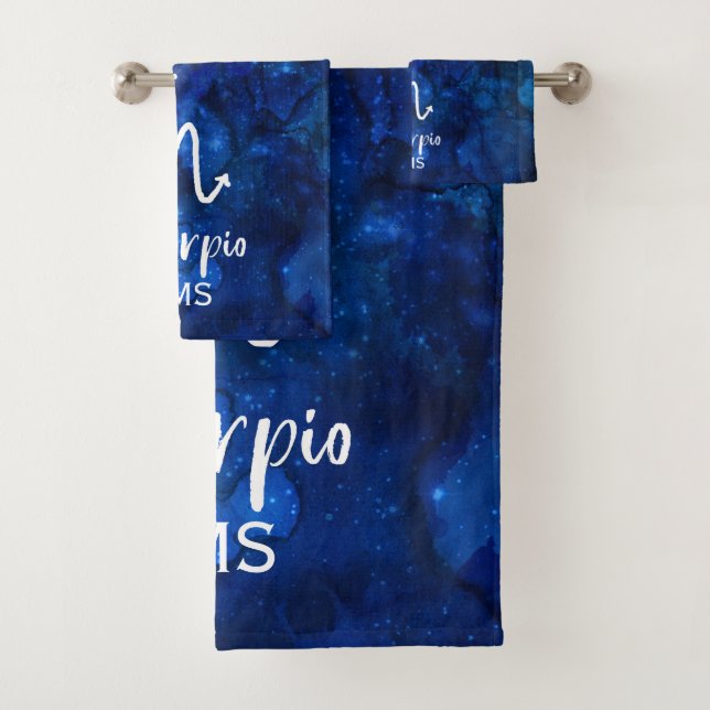 Scorpio Zodiac Constellation Blue Galaxy Monogram Bath Towel Set (Insitu)