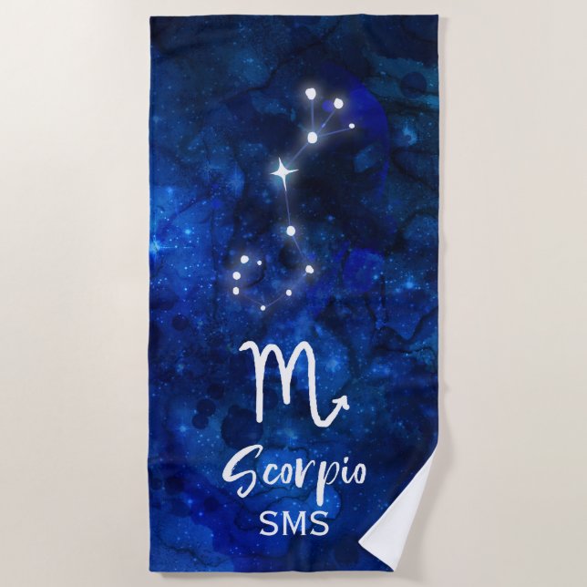 Scorpio Zodiac Constellation Blue Galaxy Monogram Beach Towel (Front)