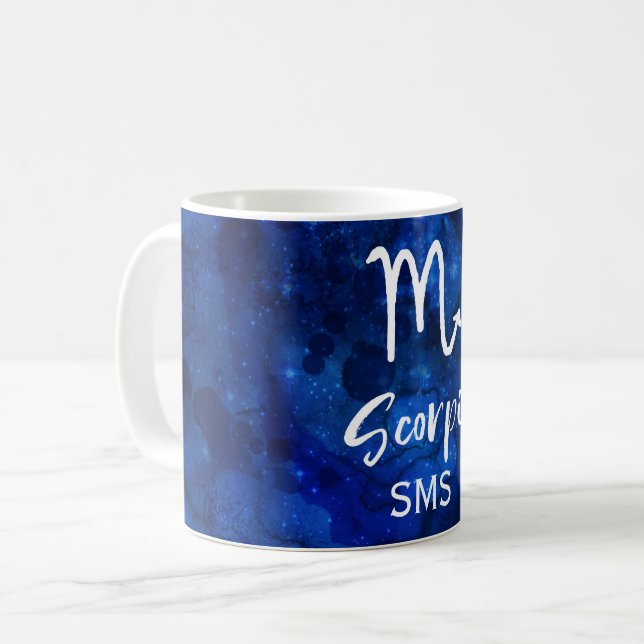 Scorpio Zodiac Constellation Blue Galaxy Monogram Coffee Mug (Front Left)