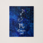 Scorpio Zodiac Constellation Blue Galaxy Monogram Jigsaw Puzzle<br><div class="desc">Scorpio Zodiac Constellation Blue Galaxy Monogram Design With trendy Brushed Script Font, Dark blue celestial watercolor background texture, Glowing star constellation, and The Scorpion symbol. Modern Astrological Sign Birth Horoscope, is perfect for any Scorpion Birthday From October 23 - November 21 ! With Optional Monogrammed First Middle and Last name...</div>