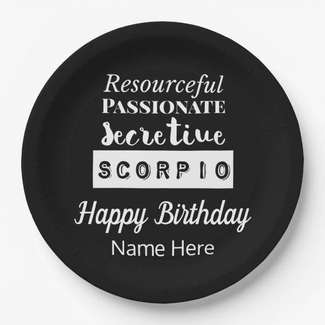 Scorpio Zodiac Fun Characteristics Birthday Paper Plate (Front)