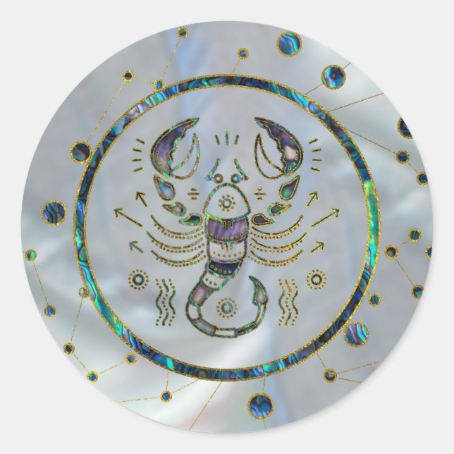 Scorpio Zodiac Gold Abalone on Constellation Classic Round Sticker (Front)