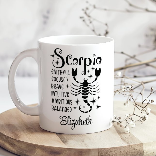 Scorpio Zodiac Horoscope Custom Name  Coffee Mug (Scorpio Zodiac Horoscope Custom Name Coffee Mug on a boho wooden kitchen table.)