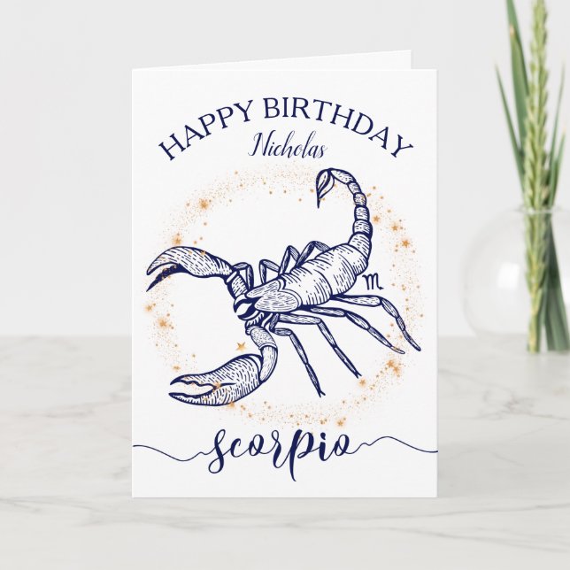Scorpio Zodiac Navy Gold Monochrome Birthday Card (Front)