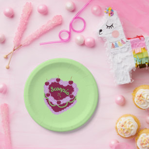 Scorpio Zodiac Pastel Heart Birthday Cake Paper Plate