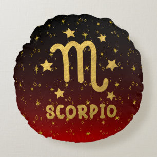 Scorpio Zodiac Red and Gold Round Pillow