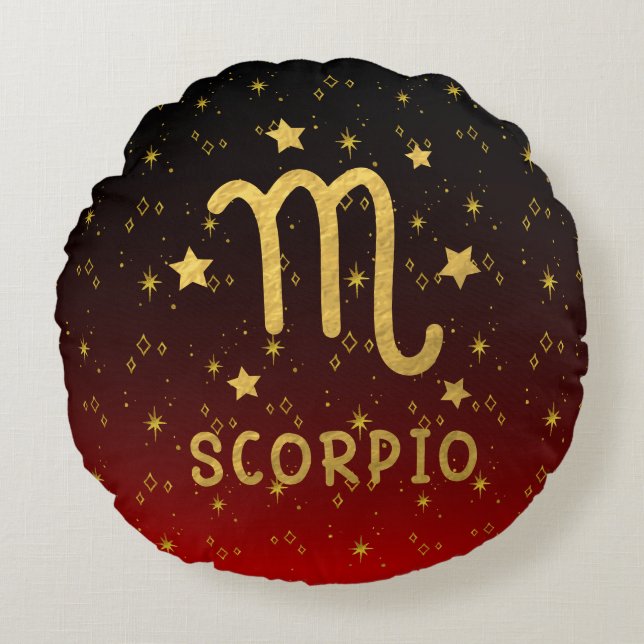 Scorpio Zodiac Red and Gold Round Pillow (Front)