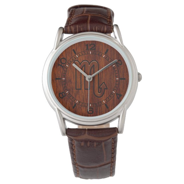 Scorpio Zodiac Sign in Mahogany Brown Style Dial Watch (Front)