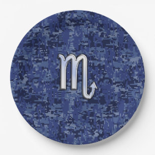 Scorpio Zodiac Sign on Navy Blue Camo Paper Plate