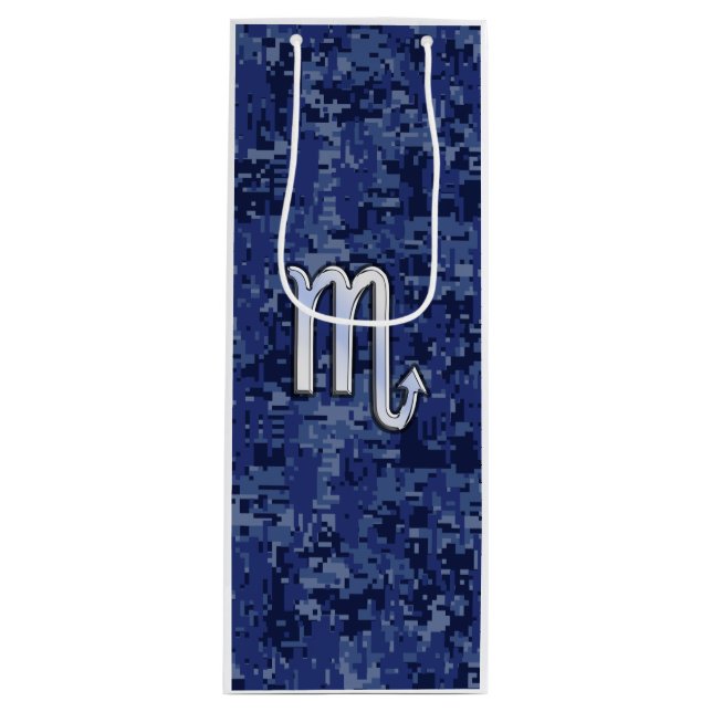 Scorpio Zodiac Sign on Navy Blue Camo Wine Gift Bag (Front)